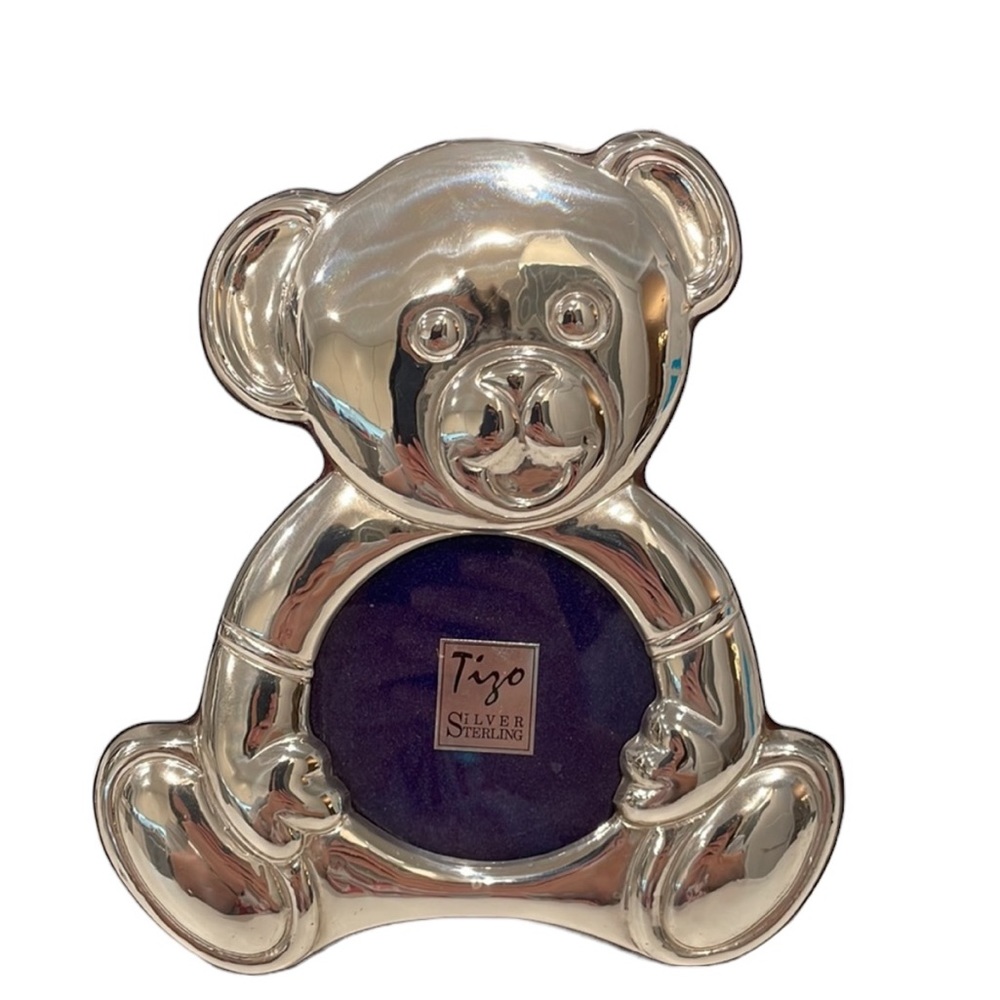 Tizo 3 Inch Round Sitting Teddy Sterling Silver Picture Frame. Made in Italy